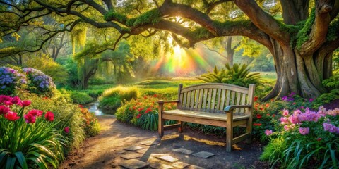Aufkleber - A solitary wooden bench in a verdant garden bathed in the warm glow of sunrise, surrounded by vibrant blooms and a gentle flowing stream