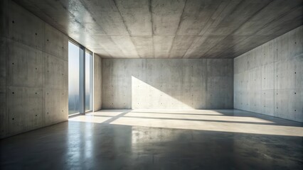 Aufkleber - A minimalistic concrete room with a large window allowing natural light to stream in, casting long shadows across the smooth floor.