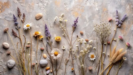 Leinwandbilder - A delicate arrangement of dried wildflowers and smooth stones, showcasing the subtle beauty of nature's ephemerality.