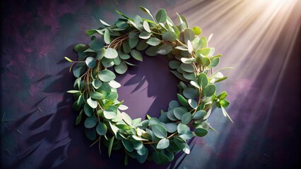 Aufkleber - A circular wreath of green leaves arranged on a dark, textured background with a ray of sunlight passing through the center.
