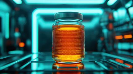 Poster - glowing jar filled with orange liquid, showcasing honeycomb pattern, set against futuristic background
