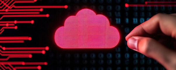 Poster - Hand touching digital cloud symbol on binary background, representing technology and data storage