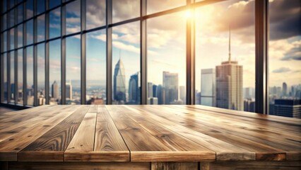 Poster - A Wooden Tabletop Overlooking a Panoramic City Skyline with a Sunset Glow Through Glass Windows