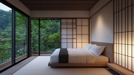 Poster - Modern bedroom with large windows, natural light, and minimalist design
