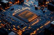 © Moments In Frame - Computer chip with glowing orange circuits on a motherboard