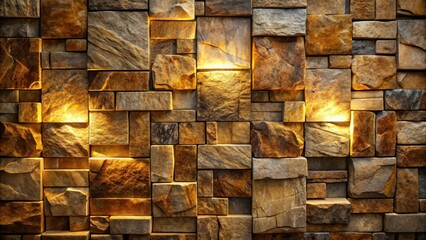 Fototapete - A warm, inviting, and textured stone wall illuminated by soft lights. The staggered rectangular stones create a unique pattern.