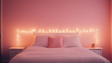Poster - Cozy bedroom with pink walls, fairy lights, and white bed