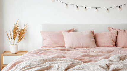 Poster - cozy bedroom with pink bedspread, decorative pillows, and plant