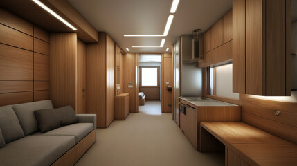 Poster - Modern wooden interior design with cozy sofa and kitchen area