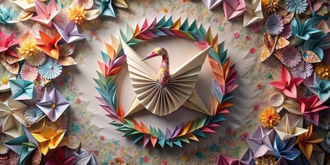 Leinwandbilder - A Colorful Display of Paper Flowers and a Paper Bird Surrounded by a Wreath of Folded Paper Flowers