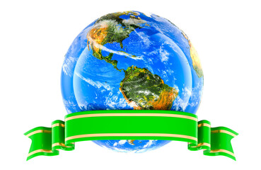 earth globe with green ribbon banner for text. 3d rendering isolated on the transparent background