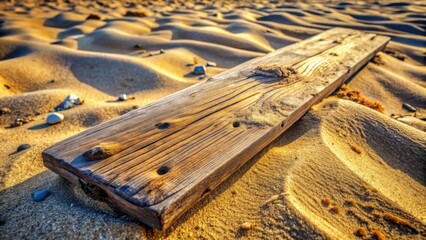 Aufkleber - A weathered wooden plank rests on the rippled surface of golden sand, illuminated by the warm glow of the setting sun.