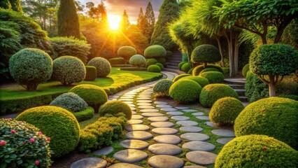 Aufkleber - A winding stone pathway leads through a meticulously manicured garden, where perfectly shaped shrubs create a serene and inviting atmosphere, bathed in the golden glow of the setting sun.
