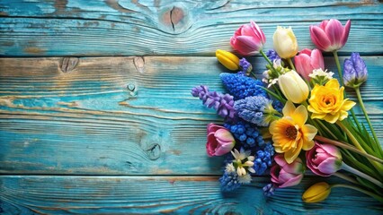Aufkleber - A vibrant bouquet of spring flowers, including tulips, daffodils, and hyacinths, arranged on a rustic blue wooden background.