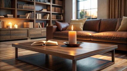 Poster - A wooden coffee table with a book, candle, and a metal base in a living room with a brown leather sofa and bookshelves in the background