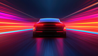 Poster - Sleek car viewed from rear, surrounded by vibrant light trails, creating dynamic atmosphere