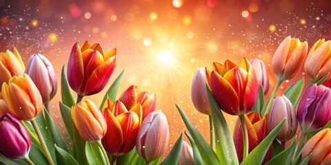 Fototapete - A vibrant bouquet of tulips with a warm, colorful background, illuminated by a soft, glowing light, creating a sense of joy and celebration.