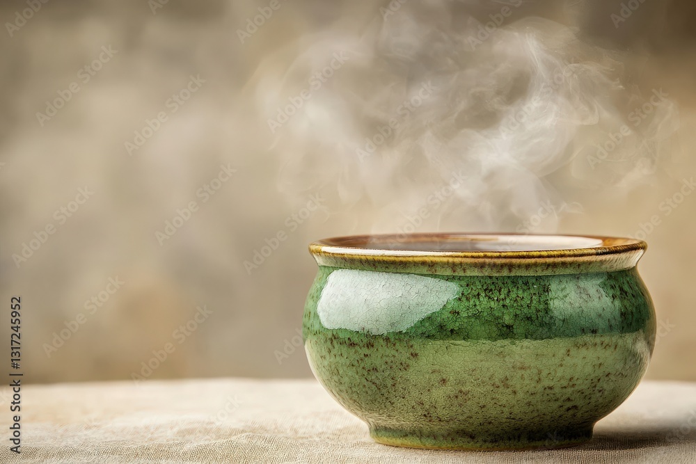 A ceramic bowl with a glossy green finish contains a steaming hot beverage. It rests on a neutral-toned surface, surrounded by a soft, warm light that enhances its texture and warmth.