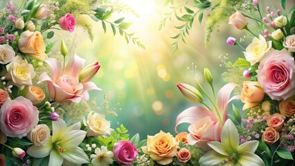 Poster - A vibrant floral arrangement featuring delicate roses and lilies, bathed in warm sunlight, creating a captivating display of nature's beauty.