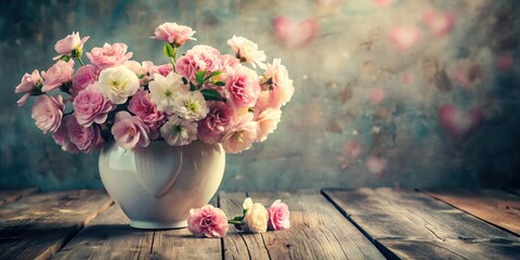 Poster - A Bouquet of Delicate Pink Flowers in a White Vase on a Rustic Wooden Table