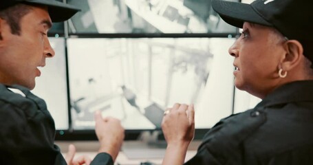 Poster - Security guard, back and screen with surveillance of robbery for safety breach or alert in control room. People, CCTV operator or mall cop pointing with display for footage of thief or criminal
