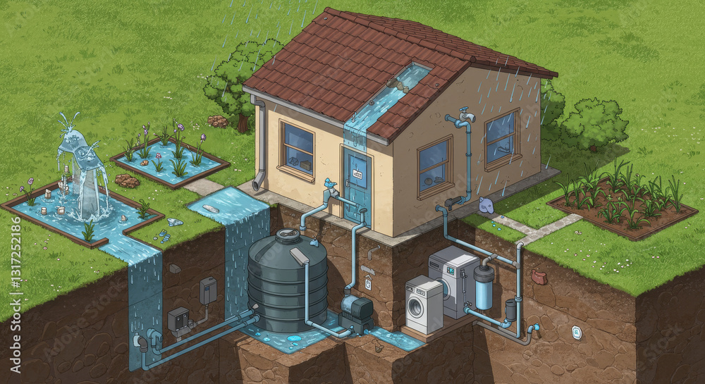 Home Water Management System - Illustrated diagram showing a house's ...