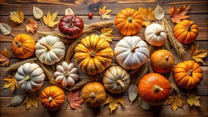 Poster - A colorful autumn harvest display featuring pumpkins, squash, and fall leaves on a rustic wooden background.