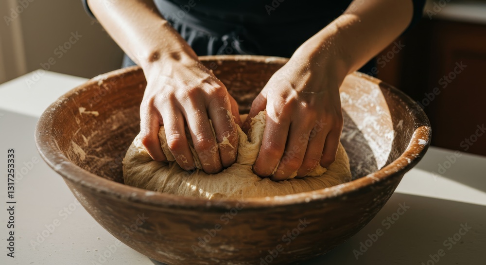 View of Kneading Artisan Bread Dough - Hands kneading bread dough in a rustic ...