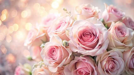 Poster - A delicate bouquet of pink roses with a soft, blurred background of golden light bokeh.