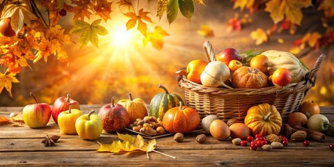 Poster - A Rustic Autumn Tabletop Still Life with Pumpkins, Apples, and Nuts in a Wicker Basket Surrounded by Fallen Leaves and Warm Sunlight