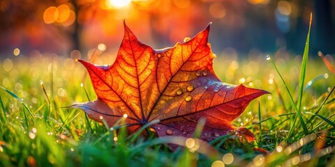 Poster - A Single Red Leaf Glistens with Dewdrops in the Soft Light of Sunrise, Laying Upon a Bed of Lush Green Grass