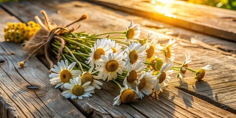 Poster - A rustic wooden surface bathed in warm golden light, showcasing a delicate bouquet of freshly picked daisies, their white petals radiating a soft, pure elegance