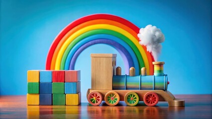 Poster - A colorful wooden toy train with a rainbow archway in the background and a fluffy cloud of smoke emanating from its chimney