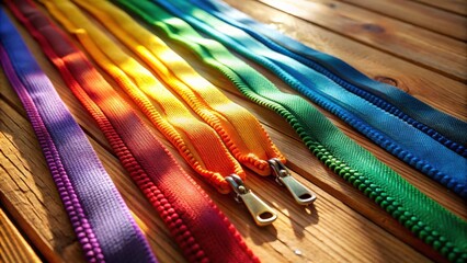 Leinwandbilder - A vibrant collection of colorful zippers laid out in a rainbow pattern, showcasing their intricate details and contrasting textures against a warm wooden backdrop.