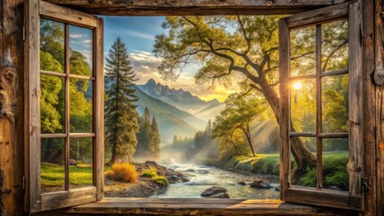 Poster - A rustic wooden window with a view of a mountain valley, lush greenery, a winding river, and sunlight streaming through the trees