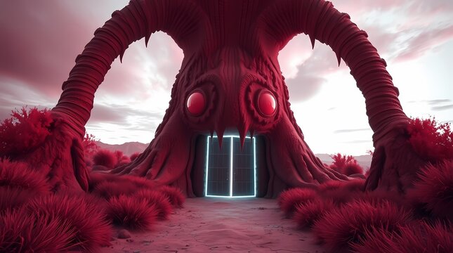 Crimson Portal: A surreal, crimson-hued landscape featuring a grotesque, organic structure with a glowing portal, creating an unsettling and otherworldly scene. 