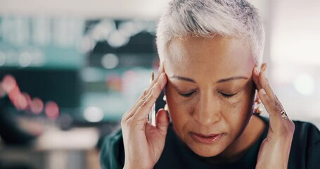 Poster - Stock market, woman and stress with data for bad investment, bankruptcy or debt. Mature, headache and frustrated female person with anxiety for financial crisis, exchange risk or volatility at office