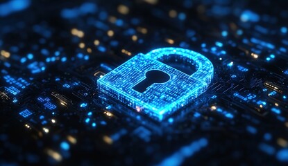 Blue digital padlock icon on a cybersecurity background with code and data protection concepts