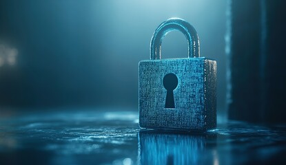 Blue digital padlock icon on a cybersecurity background with code and data protection concepts