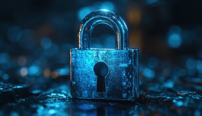 Blue digital padlock icon on a cybersecurity background with code and data protection concepts