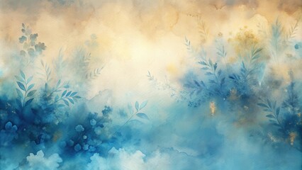 Poster - Abstract Watercolor Painting of a Serene Landscape with Delicate Blue and Gold Foliage, Evoking a Sense of Tranquility and Mystery