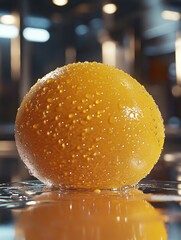 Poster - Close up of a wet yellow sphere on a reflective surface with water droplets scattered around. The background is blurred with bokeh effect