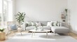© Damir - Bright living room with light gray sofa, green and white cushions, wooden chair, plants, and minimalist decor on a white backdrop. Ai generative