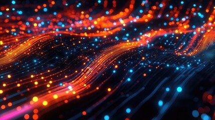 Poster - Abstract Digital Wave, mesmerizing dance of light and energy, showcasing vibrant orange and blue particles weaving intricate patterns in a dark backdrop.