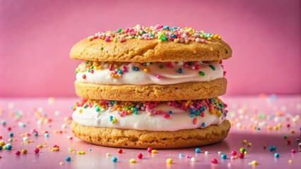 Poster - A triple-decker cookie sandwich with layers of creamy frosting and colorful sprinkles, resting on a pink surface.