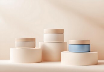 Poster - Elegant Arrangement of Beige and Blue Cosmetic Jars on Pedestals