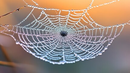 Close up of a spiderweb glistening with morning dew, soft light and blurred background.