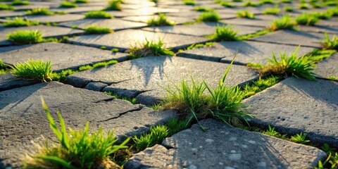 Aufkleber - A close-up view of vibrant green grass pushing through the cracks of a gray stone pathway, sunlight illuminating the scene