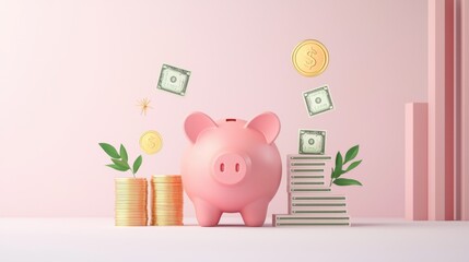 Poster - A dynamic YouTube thumbnail featuring a pink piggy bank, stacks of cash, and financial growth icons.