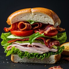 Turkey Club Variation of club sandwich using turkey lettuce tomato and bacon Food portrait photography display on red background